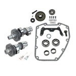 An S&S Cycle Gear Drive Cam Conversion Kit for 1999-2006 Harley-Davidson Big Twin, including camshafts, gears, bearings, gaskets, screws, and sealant tubes, is arranged on a white background.
