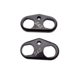 Two black S&S Cycle metal plates, labeled "F" and "R," each with two large holes and a central mounting hole, are tappet cuffs designed for precise alignment in 2017-up Harley-Davidson Big Twin engines.