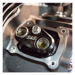 Two black S&S Cycle metal plates, labeled "F" and "R," each with two large holes and a central mounting hole, are tappet cuffs designed for precise alignment in 2017-up Harley-Davidson Big Twin engines.