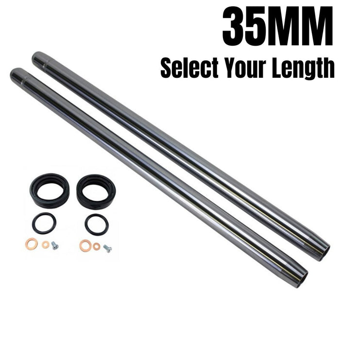 The TC Bros. Fork Tube Kit for Harley-Davidson 35mm includes two metal tubes and hardware, with "35MM Select Your Length" in bold black text. A great upgrade for Harley-Davidson fork tube kit installations by TC Bros.