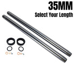 The TC Bros. Fork Tube Kit for Harley-Davidson 35mm includes two metal tubes and hardware, with "35MM Select Your Length" in bold black text. A great upgrade for Harley-Davidson fork tube kit installations by TC Bros.