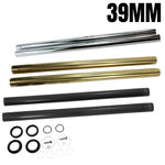 A pair of Extended Fork Tubes +2" 39mm for Sportster/ Dyna Narrow Glide with a Hard Chrome Finish for a motorcycle by TC Bros.