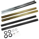 Three pairs of metal tubes in silver, gold, and black from the TC Bros. Fork Tube Kit for Harley-Davidson 39mm (Late FXR, Early Dyna, Evo Sportster) are shown with assorted circular seals, clips, and washers arranged below them.