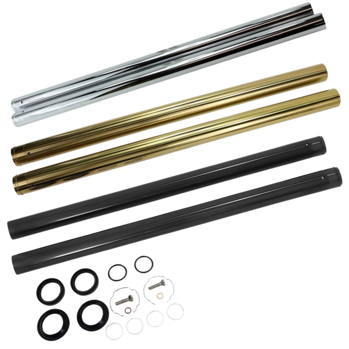 Three pairs of metal tubes in silver, gold, and black from the TC Bros. Fork Tube Kit for Harley-Davidson 39mm (Late FXR, Early Dyna, Evo Sportster) are shown with assorted circular seals, clips, and washers arranged below them.
