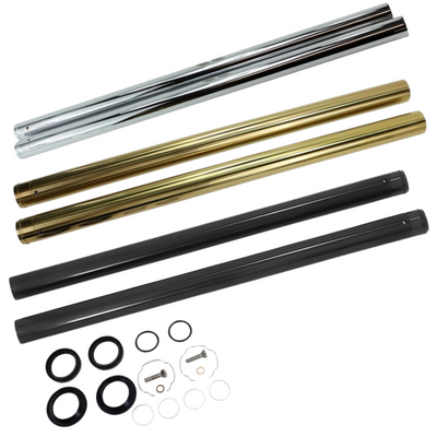 Three pairs of metal tubes in silver, gold, and black from the TC Bros. Fork Tube Kit for Harley-Davidson 39mm (Late FXR, Early Dyna, Evo Sportster) are shown with assorted circular seals, clips, and washers arranged below them.