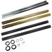 Three pairs of metal tubes in silver, gold, and black from the TC Bros. Fork Tube Kit for Harley-Davidson 39mm (Late FXR, Early Dyna, Evo Sportster) are shown with assorted circular seals, clips, and washers arranged below them.