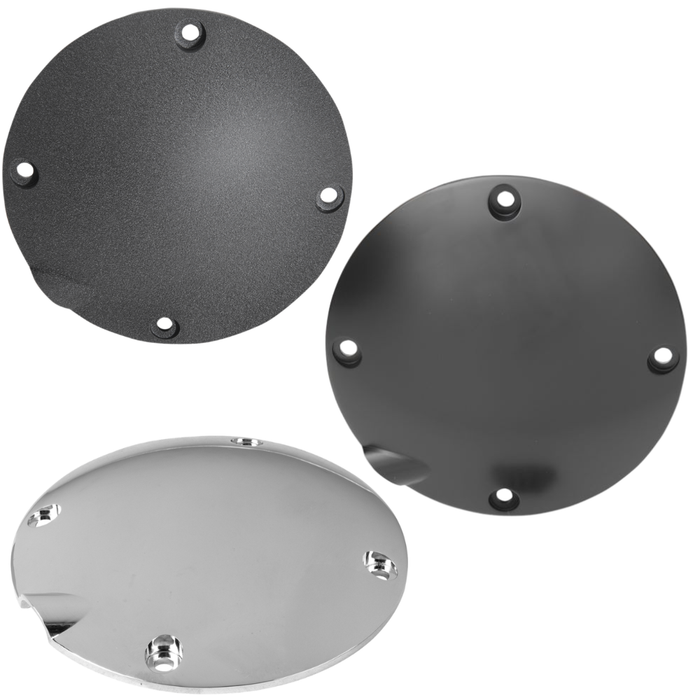 Moto Iron® Universal Derby Cover for 1994-2003 Harley-Davidson Sportster—black circular metal plate featuring five evenly spaced holes and a protruding section near the edge, shown on a white background. Ideal accessory for solid-mounted Sportster models.
