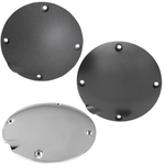 Moto Iron® Universal Derby Cover for 1994-2003 Harley-Davidson Sportster—black circular metal plate featuring five evenly spaced holes and a protruding section near the edge, shown on a white background. Ideal accessory for solid-mounted Sportster models.