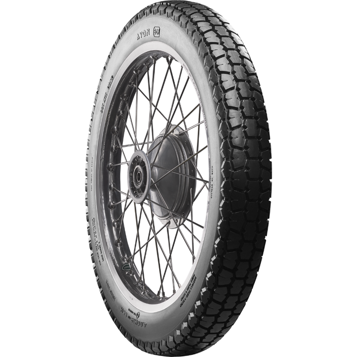 A classic block pattern tire, the Avon Tire - Safety Mileage Mark II AM7 - Rear - 4.00-18 - 64S by Avon, mounted on a spoked wheel.