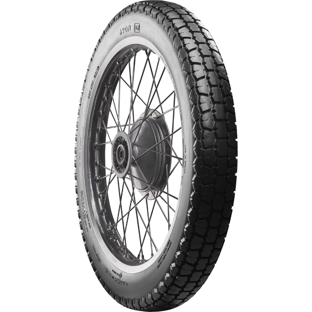 A classic block pattern tire, the Avon Tire - Safety Mileage Mark II AM7 - Rear - 4.00-18 - 64S by Avon, mounted on a spoked wheel.