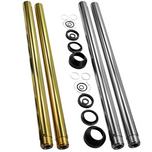The TC Bros. Fork Tube Kit for Harley-Davidson 41mm (Select Big Twins) includes two gold and two silver tubes plus black, white, and silver circular components—perfect for upgrading Twin Cam Softail models. Brand: TC Bros.