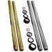 The TC Bros. Fork Tube Kit for Harley-Davidson 41mm (Select Big Twins) includes two gold and two silver tubes plus black, white, and silver circular components—perfect for upgrading Twin Cam Softail models. Brand: TC Bros.