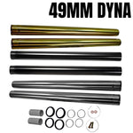 A pair of TC Bros. Fork Tubes Stock Length Chrome 49mm for FXD/FXDWG Dyna Wide Glide and o-rings for a motorcycle.