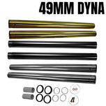 A pair of TC Bros. Fork Tubes Stock Length Chrome 49mm for FXD/FXDWG Dyna Wide Glide and o-rings for a motorcycle.