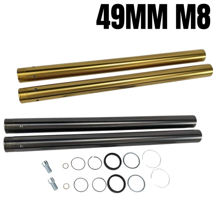 A set of black DLC Coated Fork Tubes "Stock Length" 49mm for 2018-UP M8 Softail hoses and seals on a white background. (Brand: TC Bros.)