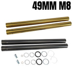 A set of black DLC Coated Fork Tubes "Stock Length" 49mm for 2018-UP M8 Softail hoses and seals on a white background. (Brand: TC Bros.)