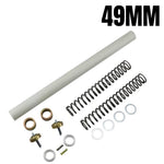 Disassembled mechanical parts, likely from a piece of hardware, arranged in order on a white background, including elements aimed at enhancing suspension performance with Race Tech Suspension's Gold Valve and Fork Spring Kit - 49mm (.95 kg) for Touring, Dyna, V-Rod Models.