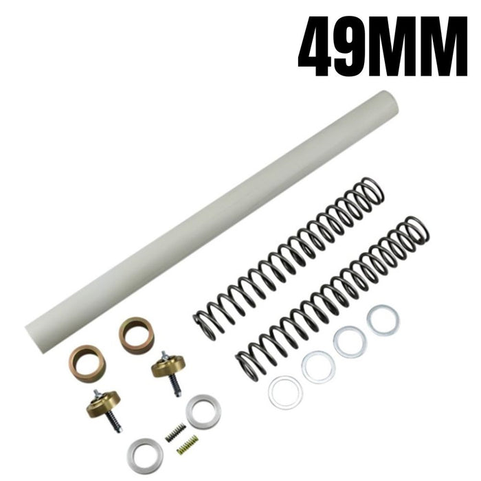 Disassembled mechanical parts, likely from a piece of hardware, arranged in order on a white background, including elements aimed at enhancing suspension performance with Race Tech Suspension&