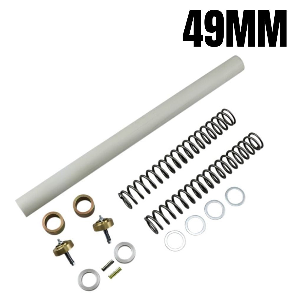 Disassembled mechanical parts, likely from a piece of hardware, arranged in order on a white background, including elements aimed at enhancing suspension performance with Race Tech Suspension&