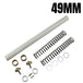 Disassembled mechanical parts, likely from a piece of hardware, arranged in order on a white background, including elements aimed at enhancing suspension performance with Race Tech Suspension&