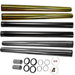 The TC Bros. Fork Tube Kit for Harley-Davidson 49mm (Late Dyna) features metal tubes in various finishes, cylindrical spacers, O-rings, bolts, and copper washers—ideal for custom fork upgrades or chopper fork extensions.
