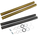 A set of black DLC Coated Fork Tubes "Stock Length" 49mm for 2018-UP M8 Softail hoses and seals on a white background. (Brand: TC Bros.)