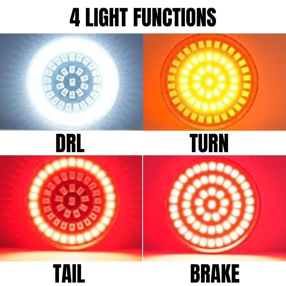 A Moto Iron® LED Turn Signal Conversion Kit for 2000-2024 Harley-Davidson bikes, featuring round modules, black and white covers, adapters, and mounting plates—neatly arranged in rows on a white background.