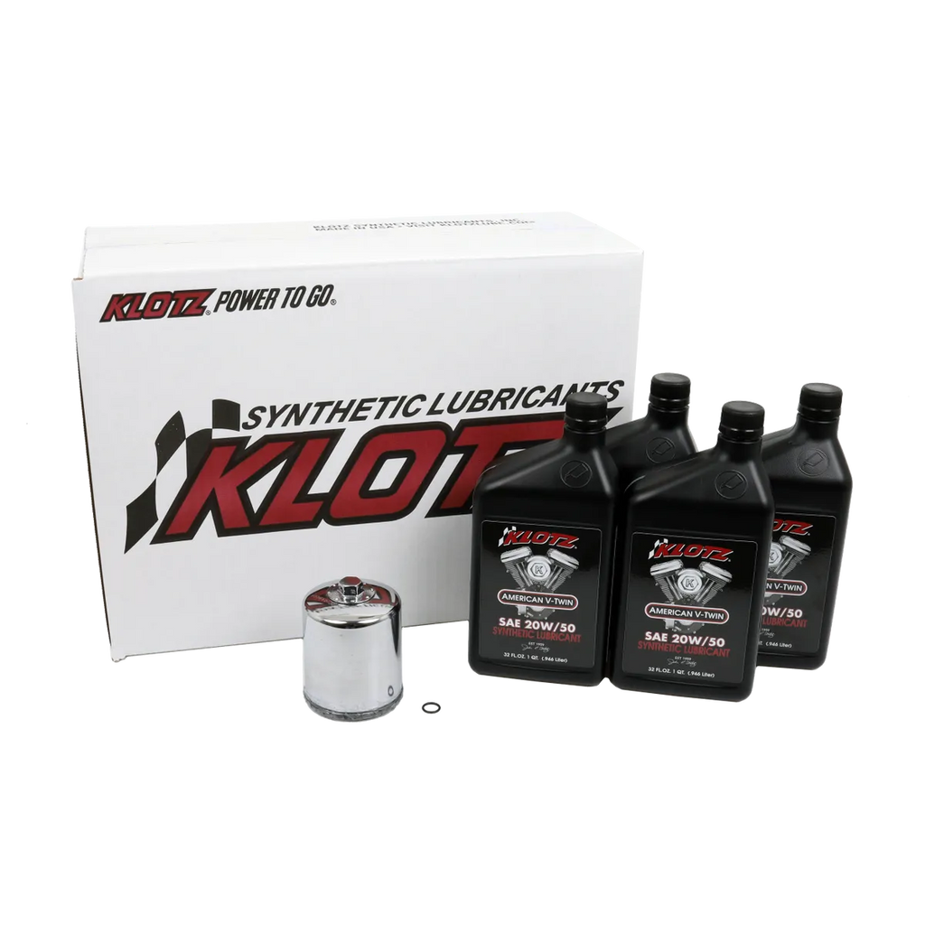 Premium Klotz oil change kit for Harley-Davidson Big Twin motorcycles (Twin Cam and Milwaukee-Eight), including Klotz synthetic lubricants and filter.