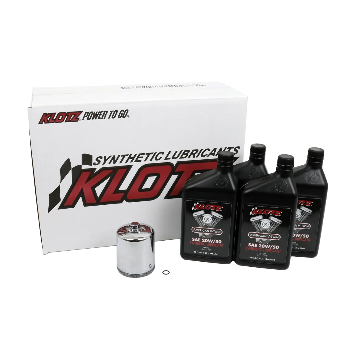 Premium Klotz oil change kit for Harley-Davidson Big Twin motorcycles (Twin Cam and Milwaukee-Eight), including Klotz synthetic lubricants and filter.