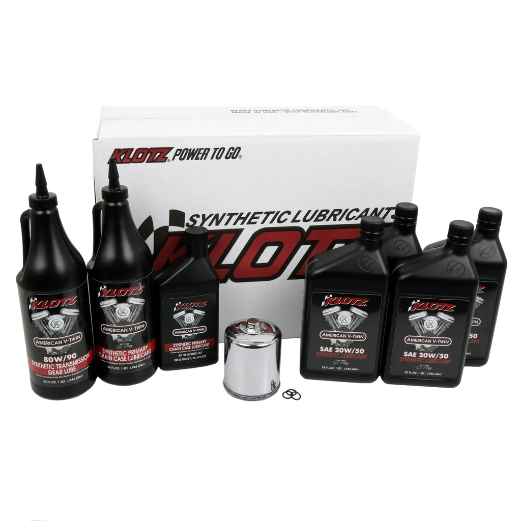 A box with a set of Klotz premium complete oil change kits for Harley-Davidson Big Twin motorcycles (Evolution).

Brand Name: Klotz