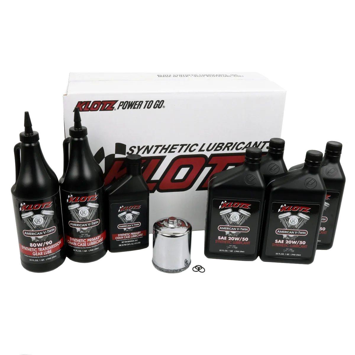 A box with a set of Klotz premium complete oil change kits for Harley-Davidson Big Twin motorcycles (Evolution).

Brand Name: Klotz