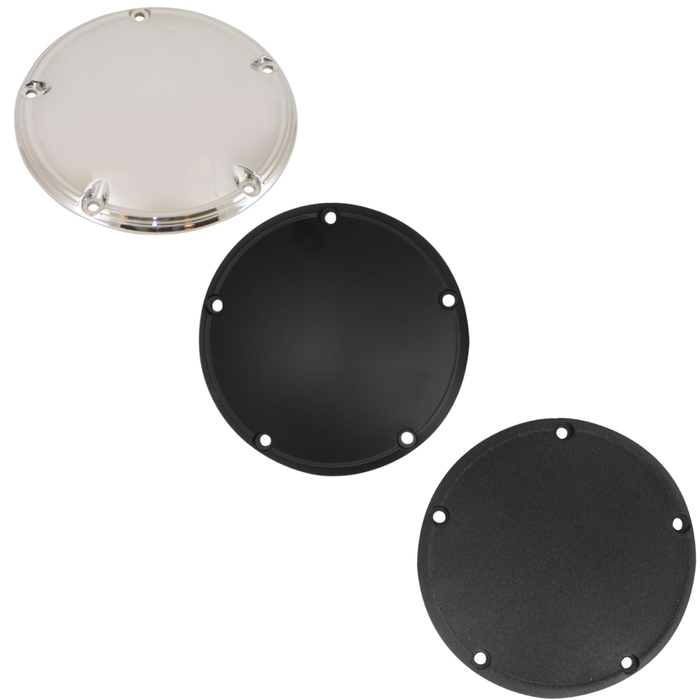 Mid-USA Chrome Clutch Cover for 1999-2018 Harley-Davidson Big Twin, featuring a shiny, round design with five evenly spaced screw holes near the edge, shown on a white background. Ideal as a replacement part.