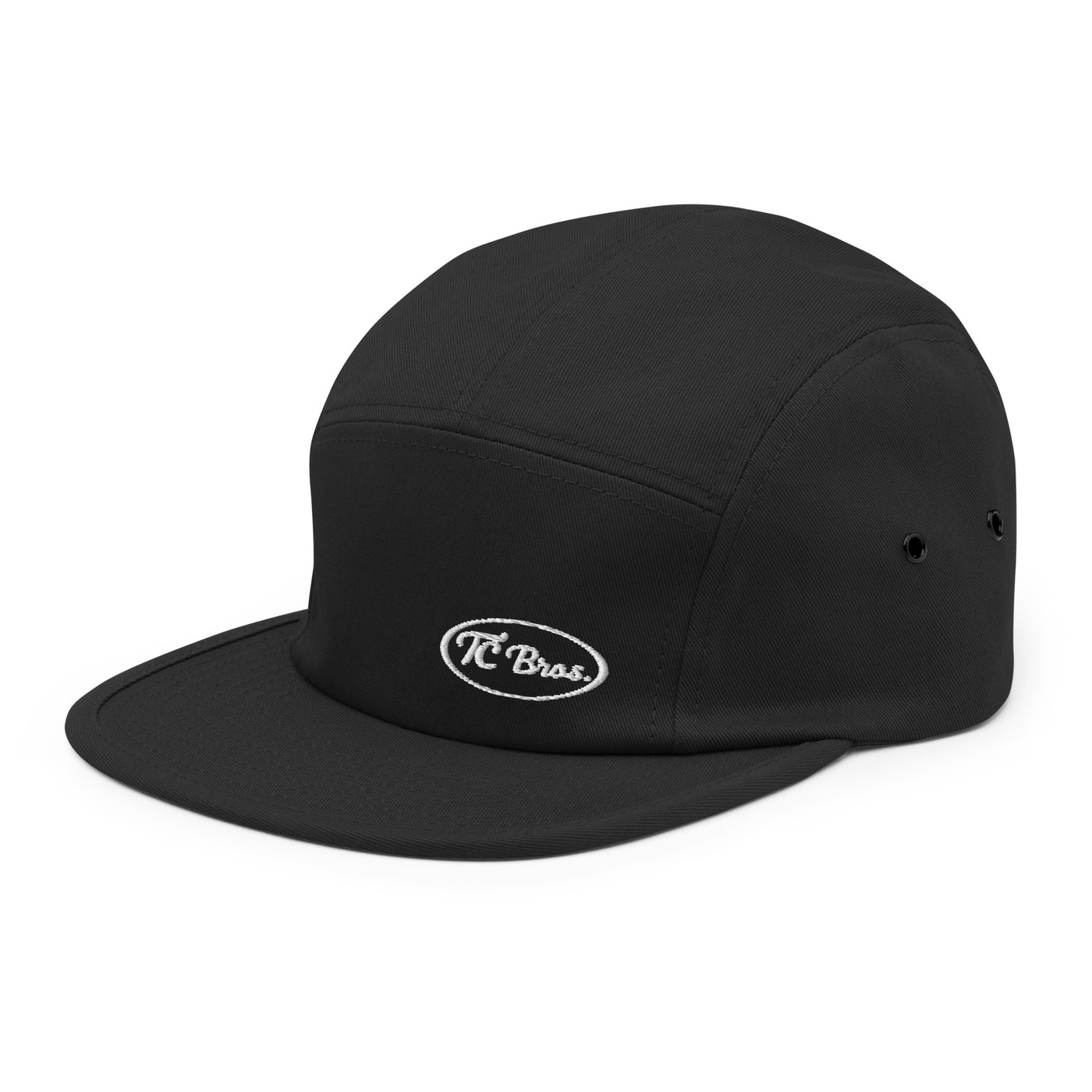 Pete Five Panel Cap - Black with a small TC Bros. logo on the front.