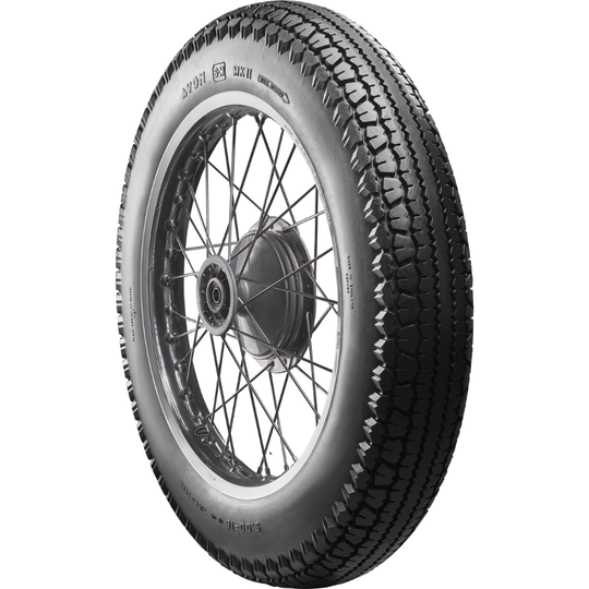 A classic block pattern tire, the Avon Tire - Safety Mileage Mark II AM7 - Rear - 4.00-18 - 64S by Avon, mounted on a spoked wheel.