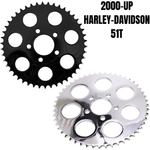 Two TC Bros. Rear Sprockets for Chain Driven Harley-Davidson 2000-Up—one black, one chrome—each with six large holes and 51 teeth, ideal for your next 530 chain conversion.