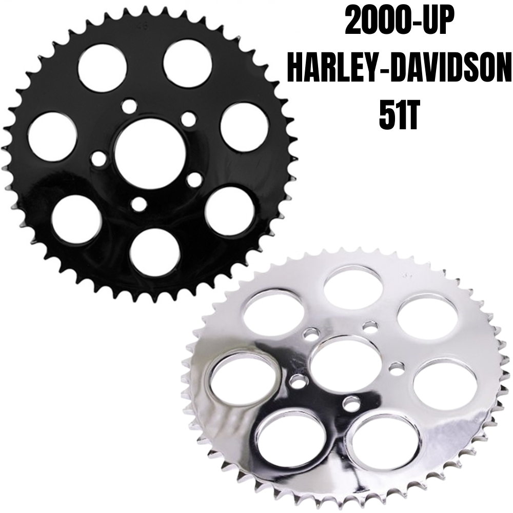Two TC Bros. Rear Sprockets for Chain Driven Harley-Davidson 2000-Up—one black, one chrome—each with six large holes and 51 teeth, ideal for your next 530 chain conversion.