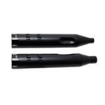 A pair of black pipes with S&S Cycle's Black Tracer End Cap on a white background.