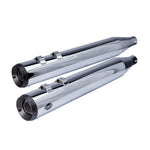 Sentence with replacement: Two GRAND NATIONAL® SLIP-ONS for 1995-2016 Touring Models and 2009-2022 Trike Models in Chrome by S&S Cycle stand out against a white background.