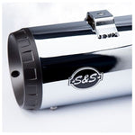 Sentence with replacement: Two GRAND NATIONAL® SLIP-ONS for 1995-2016 Touring Models and 2009-2022 Trike Models in Chrome by S&S Cycle stand out against a white background.