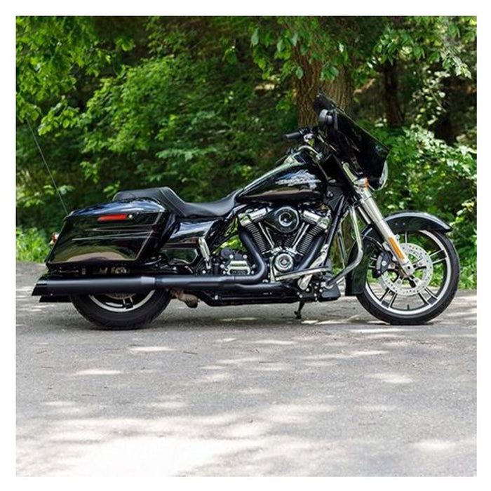 A 50 State Legal - Black Mk45 muffler with Black Cutlass End Cap for M8 Touring motorcycle parked in the woods.
Brand Name: S&S Cycle.