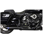 A matte black S&S Cycle Diamondback 2-1 Exhaust System for 2017-2024 Harley-Davidson Touring with First Gen M8, featuring a curved design and mounting points, viewed from the side.