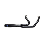 A matte black S&S Cycle Diamondback 2-1 Exhaust System for 2017-2024 Harley-Davidson Touring with First Gen M8, featuring a curved design and mounting points, viewed from the side.