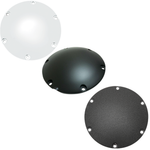 Three round metal plates, each featuring six holes—one in white, one in black, and one in dark gray—are displayed against a white background. These are Universal Derby Covers by Universal, designed to fit 2004-2022 Harley-Davidson Sportster models.