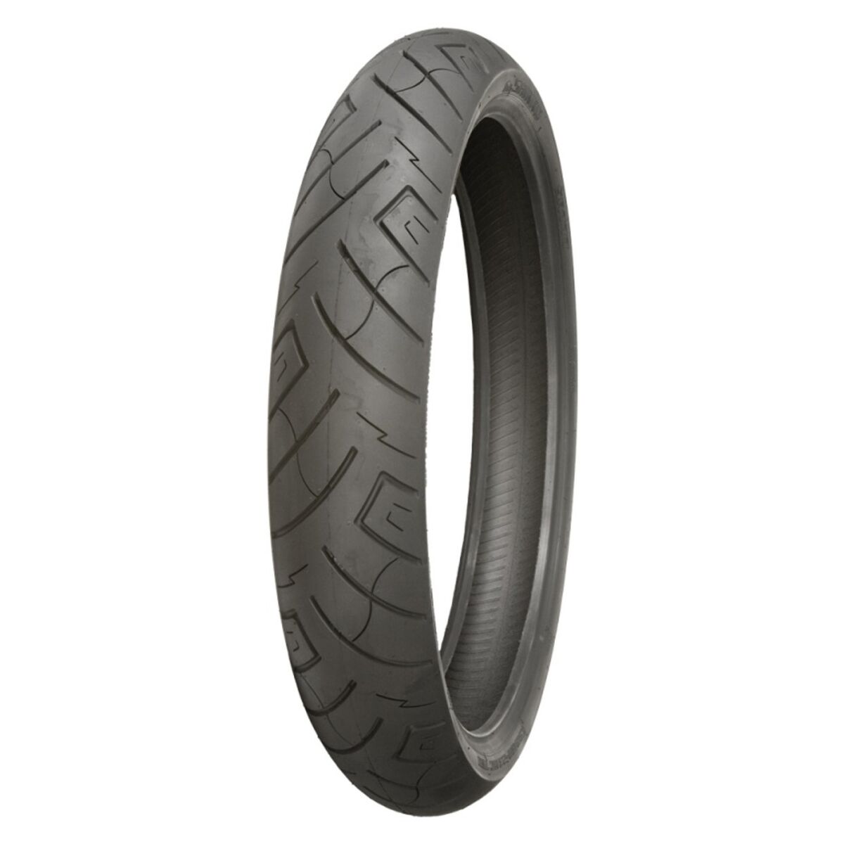 The Shinko SR 777 Tire, a 100/90-19 front tire by Shinko, showcases a classic tread and bold whitewall stripe, standing upright against a white background.
