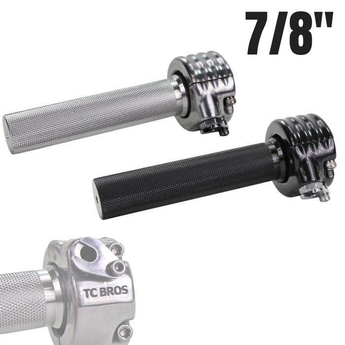 Two TC Bros. 7/8" Motorcycle Throttle grips, one in silver and one in black, are shown side by side with "7/8&