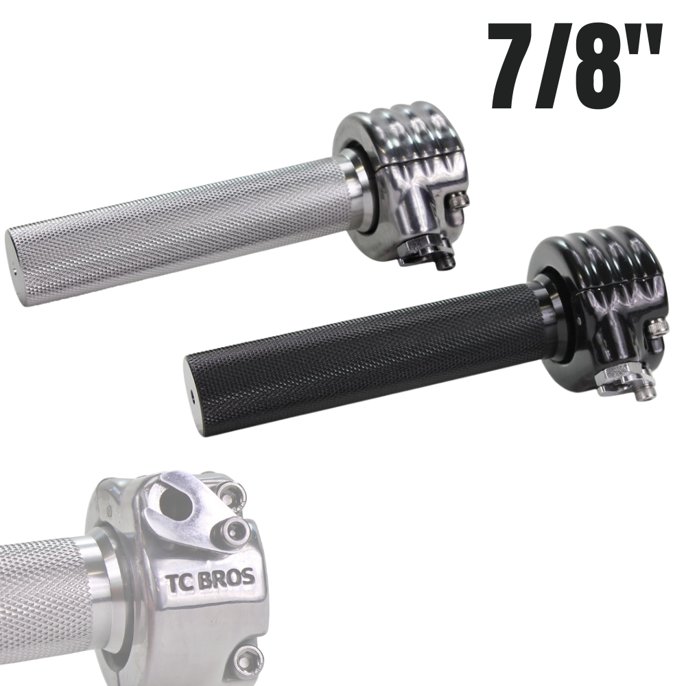 Two TC Bros. 7/8" Motorcycle Throttle grips, one in silver and one in black, are shown side by side with "7/8''" above. A close-up highlights the silver grip. Ideal for motorcycles using a single cable throttle setup.