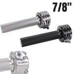 Two TC Bros. 7/8" Motorcycle Throttle grips, one in silver and one in black, are shown side by side with "7/8''" above. A close-up highlights the silver grip. Ideal for motorcycles using a single cable throttle setup.