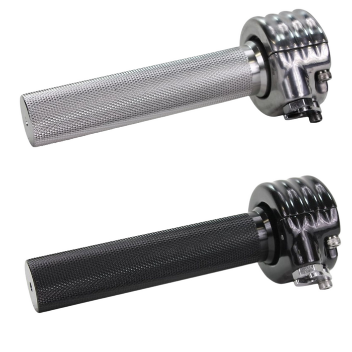 Two TC Bros. 7/8" Motorcycle Throttle grips, one in silver and one in black, are shown side by side with "7/8&