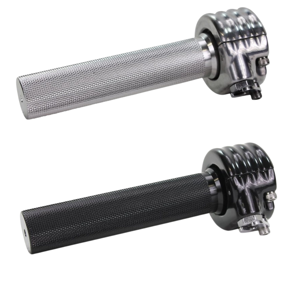 Two TC Bros. 7/8" Motorcycle Throttle grips, one in silver and one in black, are shown side by side with "7/8''" above. A close-up highlights the silver grip. Ideal for motorcycles using a single cable throttle setup.