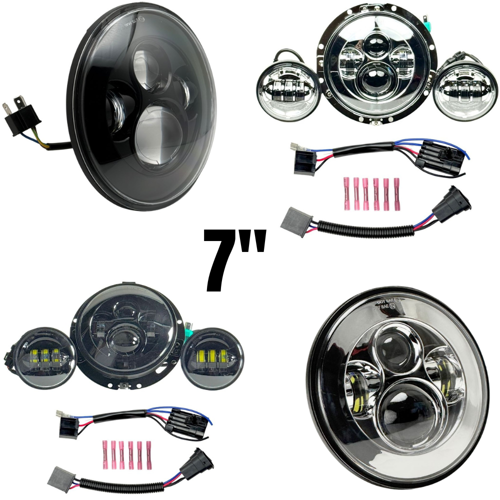 Collage of Moto Iron® 7" LED Headlight Conversion Inserts in various styles, with wiring harnesses and connectors, ideal for Harley-Davidson, all displayed on a white background.